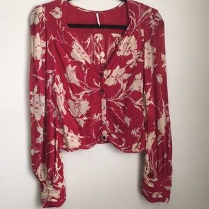 Red and cream FREE PEOPLE ivory smocked blouse billowy sleeves princess sleeve